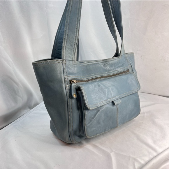 Fossil Light Blue Leather Tote - Vintage-Inspired with Gold Hardware! - Picture 4 of 7